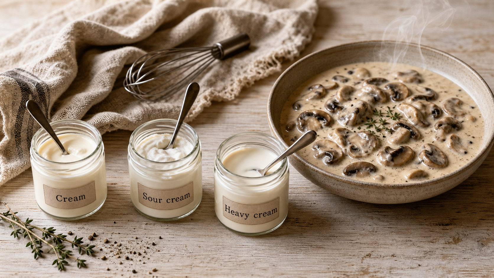 Cream creme fraiche : pots et sauce crémeuse aux champignons