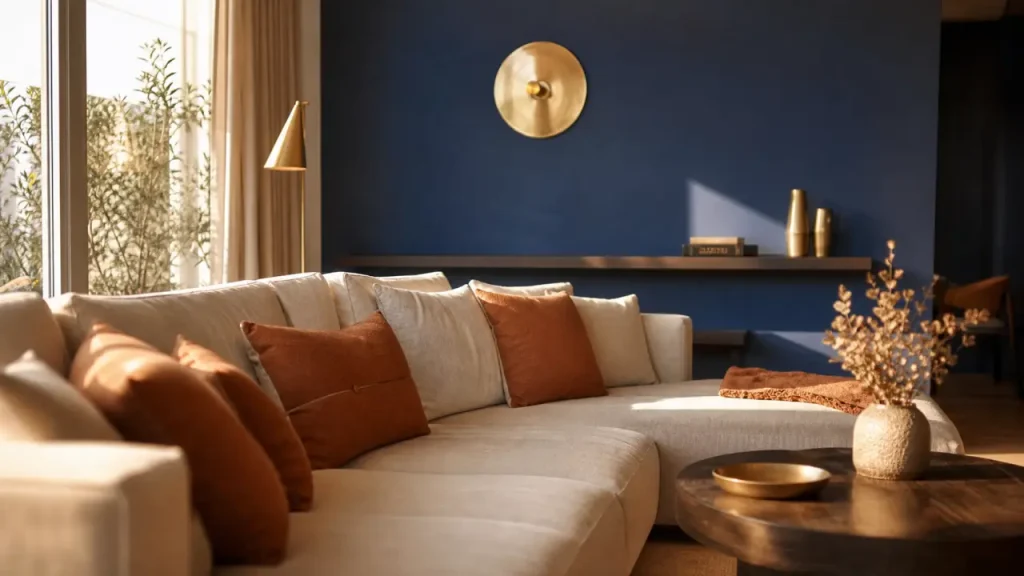 Déco bleu majorelle : mur d’accent bleu profond dans un salon moderne