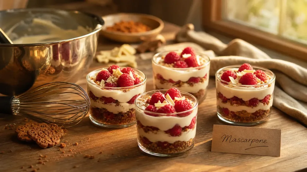 Dessert mascarpone aux framboises en verrines
