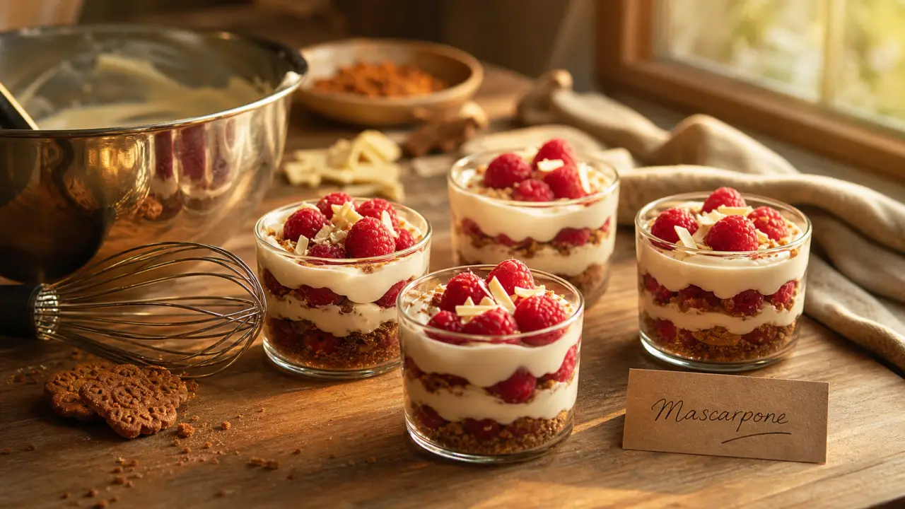 Dessert mascarpone aux framboises en verrines