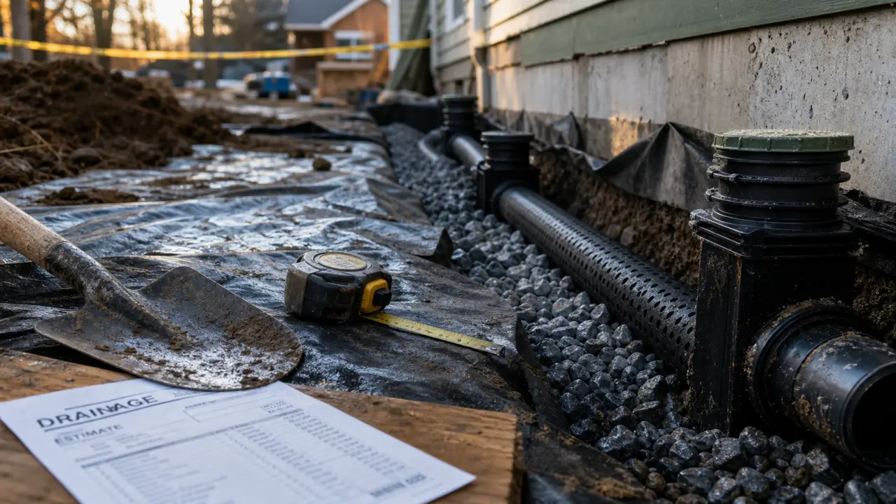 Devis travaux drainage : tranchée de drainage au pied de la maison