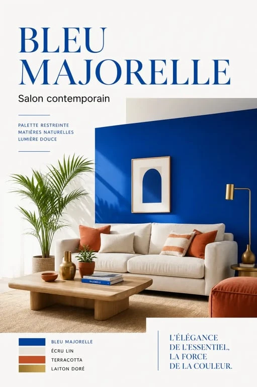Inspiration deco bleu Majorelle dans un salon contemporain avec mur bleu intense, matières naturelles et touches terracotta