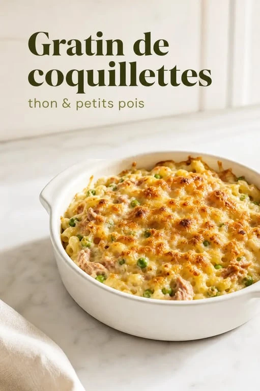 Recette facile pas cher : gratin de coquillettes au thon et petits pois présenté de façon appétissante