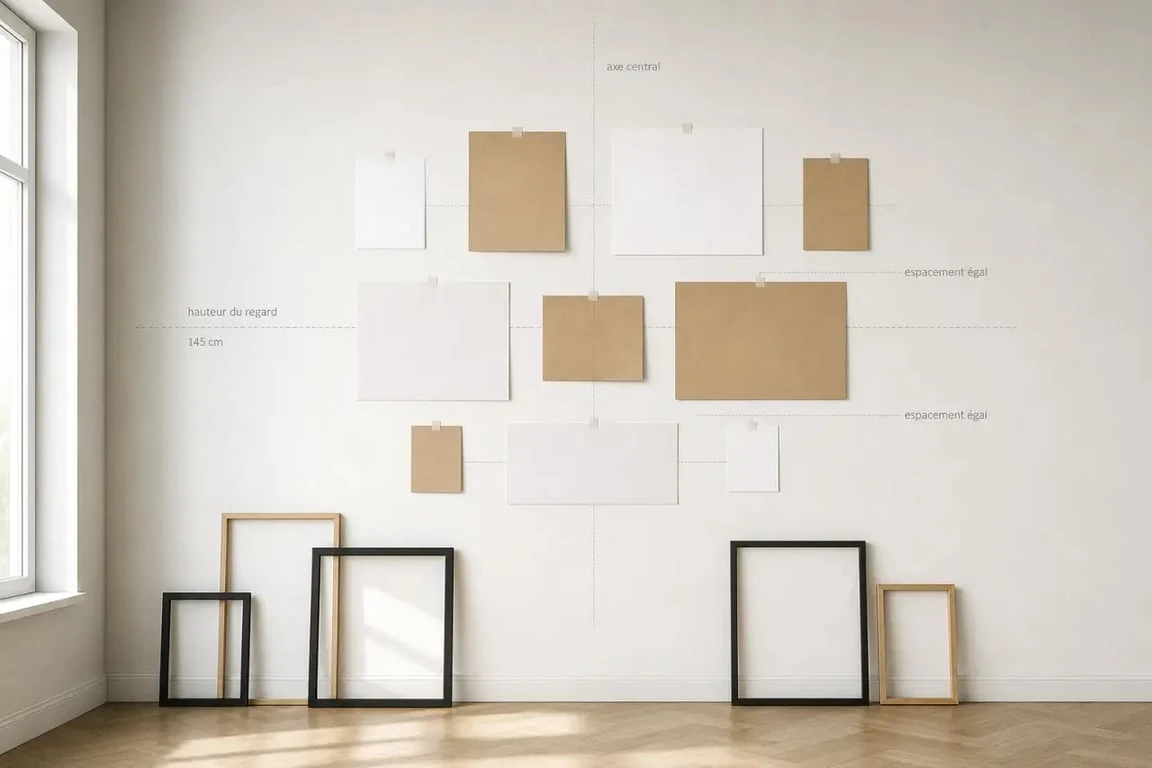 Disposition cadre mural en préparation avec gabarits papier et cadres au sol dans un salon lumineux
