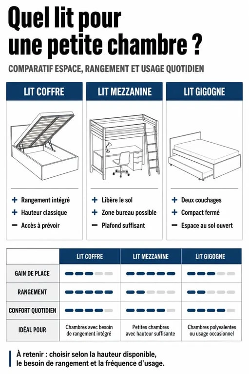 Infographie comparative des types de lits pour petite chambre pour optimiser l'espace