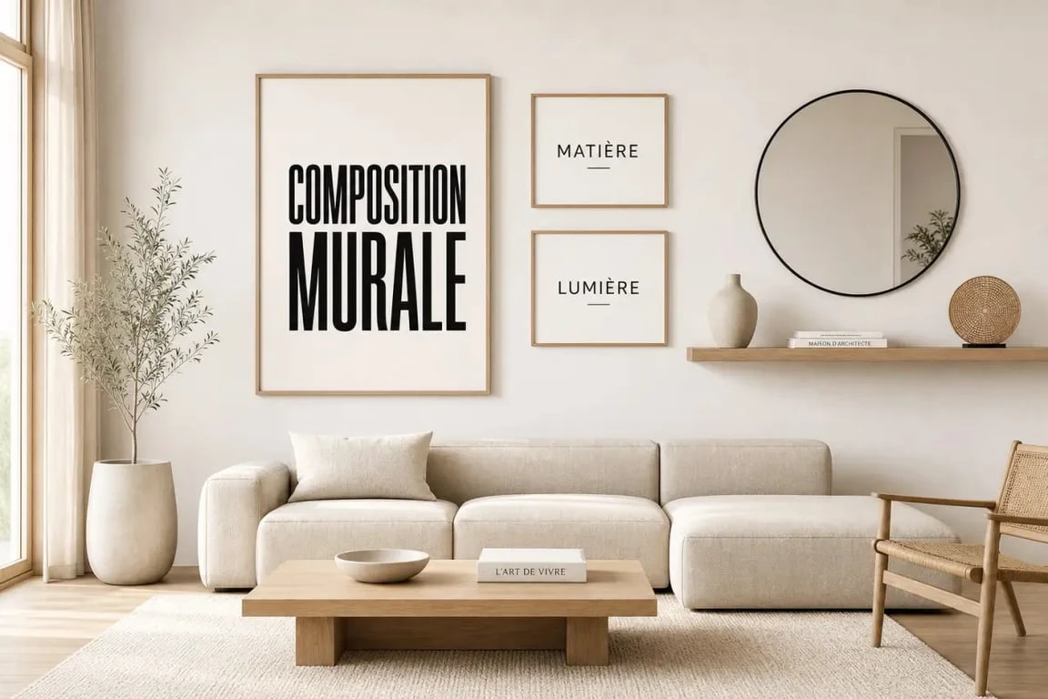 Idées pour decorer un mur blanc dans un salon avec cadres, miroir et étagère flottante