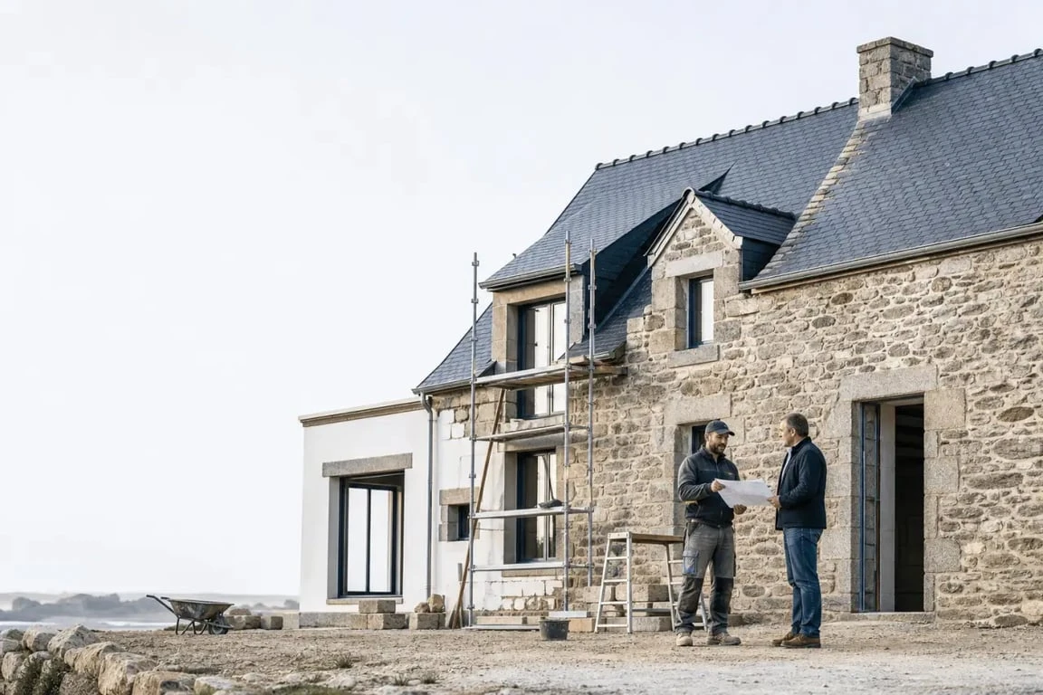 Rénovation maison Morbihan d’une longère en pierre avec artisan sur chantier