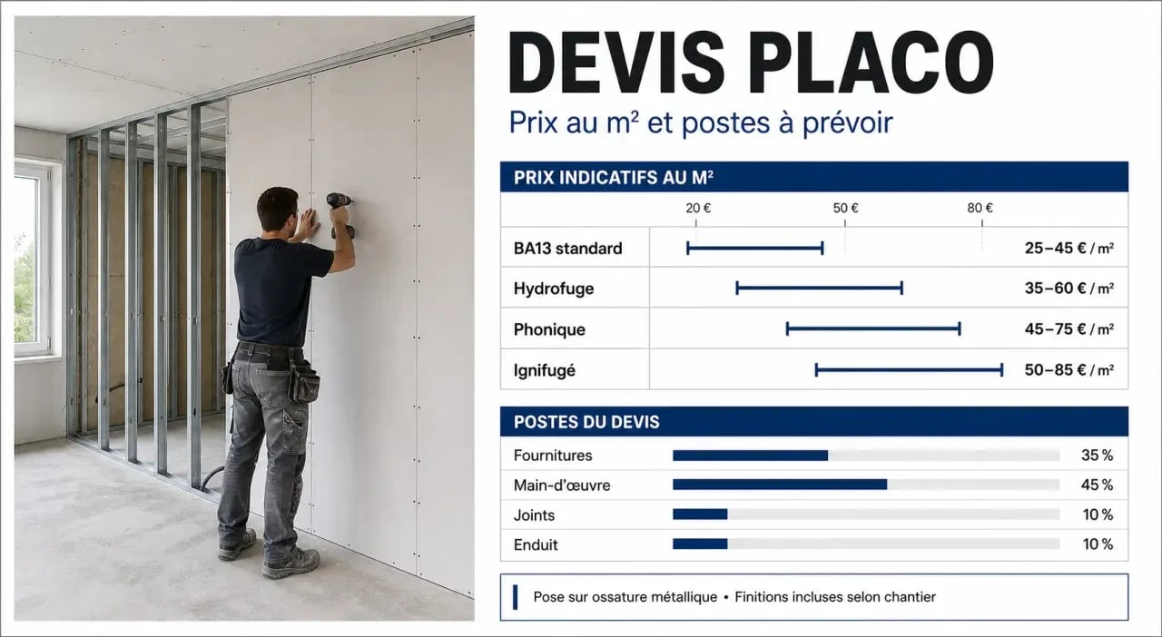 Devis placo illustré avec prix au m², types de plaques et postes de chiffrage
