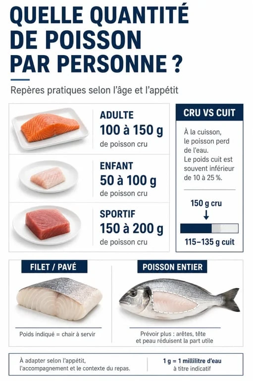 Combien de gramme de poisson par personne : infographie des portions selon le profil et le poids cru ou cuit