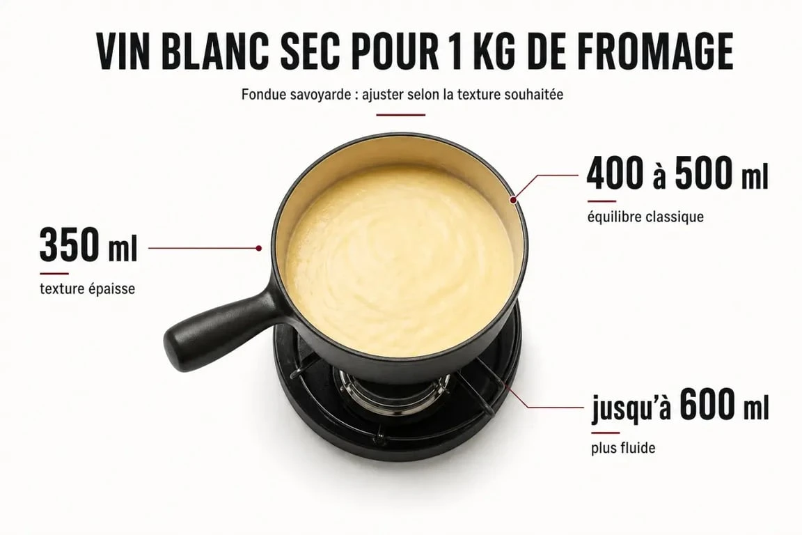 Combien de vin blanc pour 1kg de fondue : infographie sur les proportions de vin blanc sec pour une fondue savoyarde