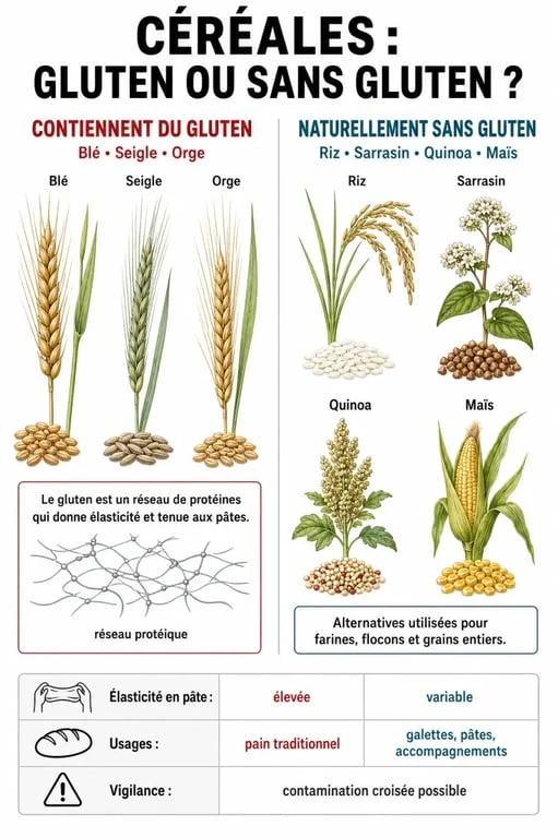 Infographie des céréales avec et sans gluten pour un régime sans gluten