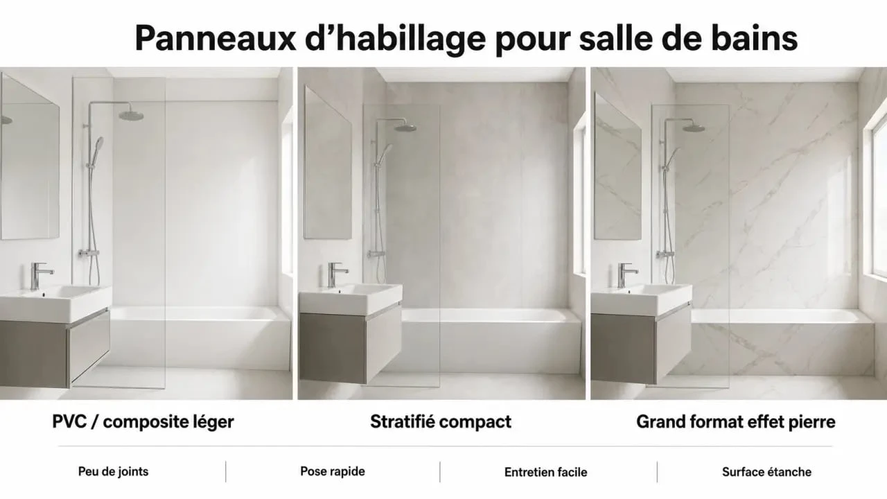Panneaux d'habillage pour rénover sa salle de bains pas cher : comparaison visuelle des matériaux et du rendu final