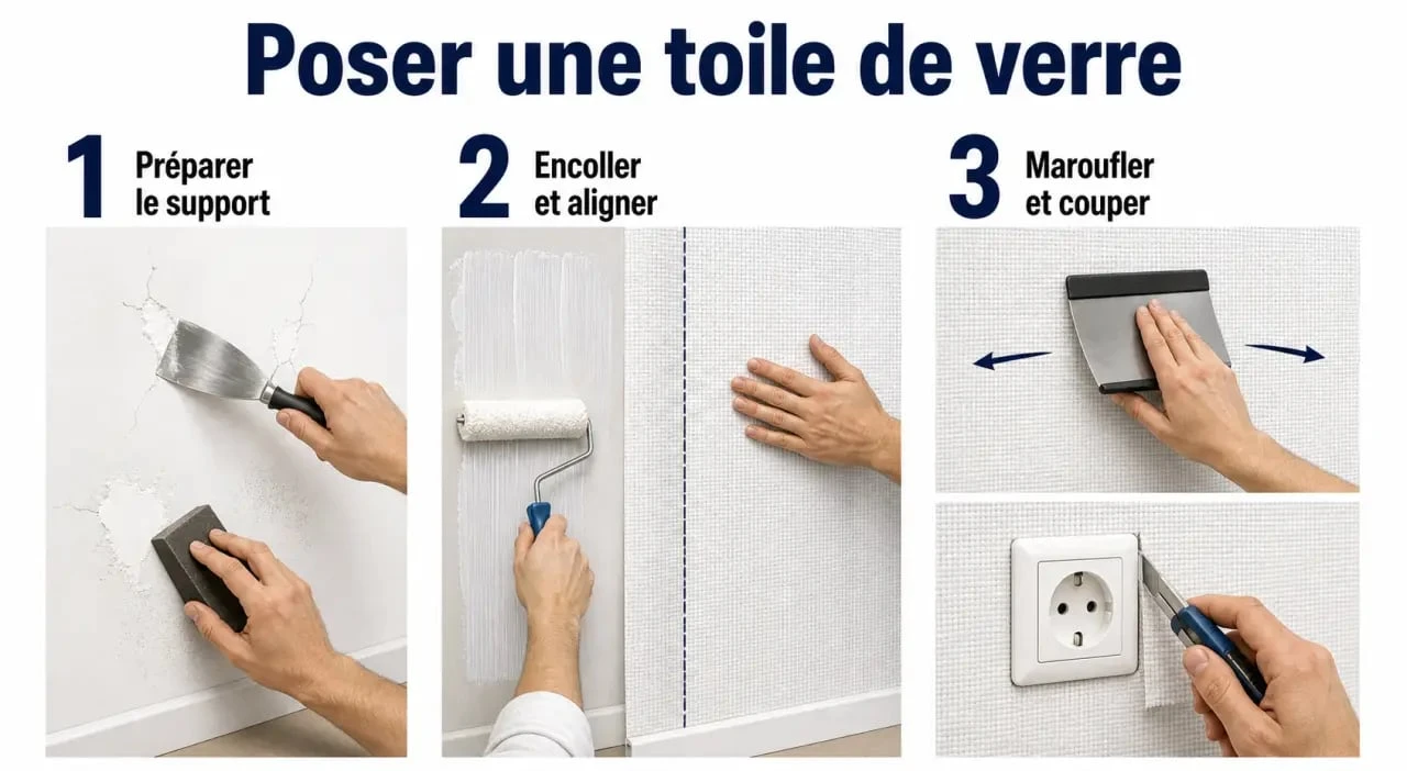 Pose toile de verre murale en trois étapes : préparation du mur, encollage et marouflage
