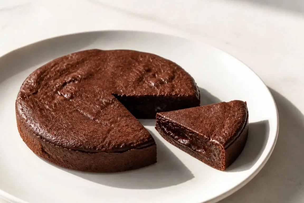 Moelleux au chocolat, recette gateaux sans farine et sans oeuf, servi sur une assiette blanche avec texture fondante visible