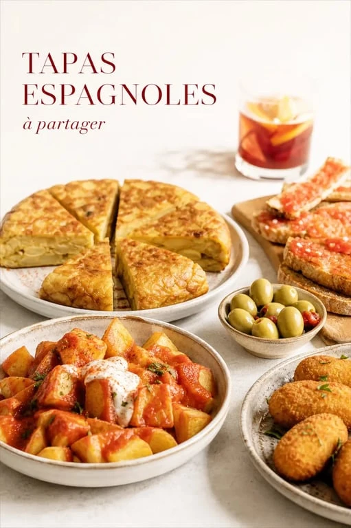 Recette des tapas espagnol : assortiment de tapas espagnoles avec patatas bravas, tortilla et pan con tomate sur une table conviviale