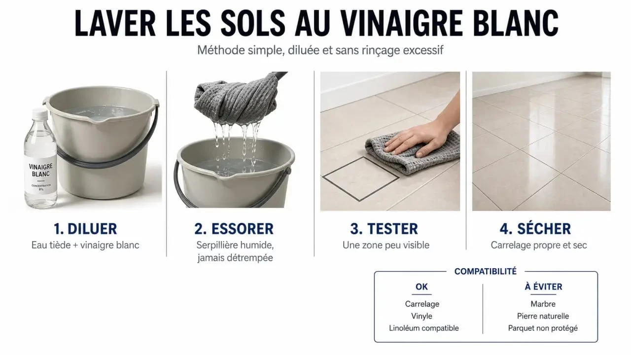 Laver les sols au vinaigre blanc : étapes de dilution, application et précautions sur les revêtements