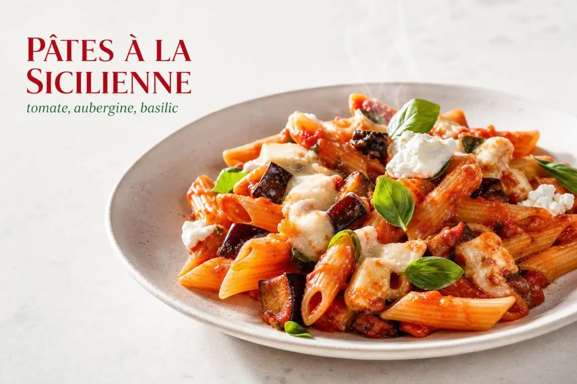 Pâte a la sicilienne servie en assiette creuse avec aubergines, sauce tomate et basilic