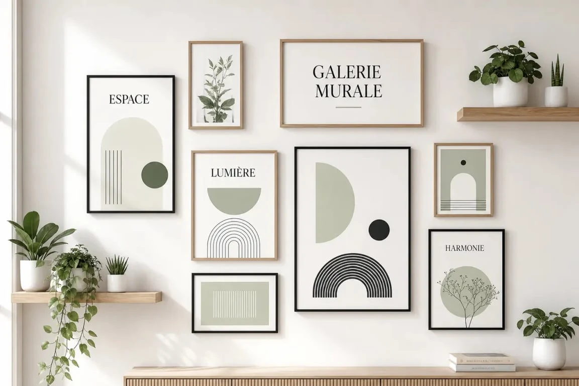 Idée pour décorer un mur blanc avec une composition de cadres et étagères