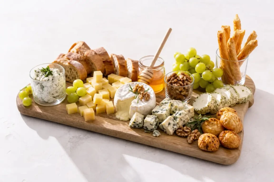 Fromage apéritif sur une planche gourmande avec fromages variés, pain, raisins et noix