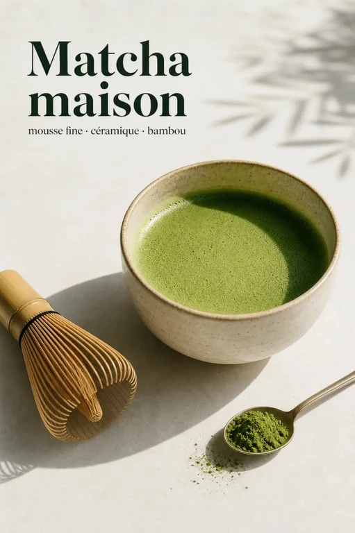 Recette thé matcha maison dans une tasse avec mousse fine et fouet en bambou