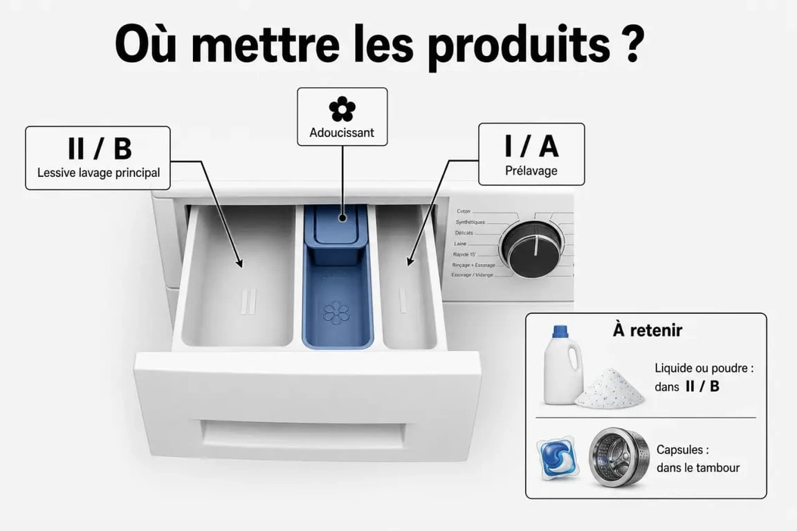 Où mettre lessive dans le bac à produits d’une machine à laver : compartiment II/B, prélavage I/A et symbole fleur
