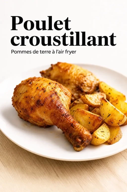 Recette facile air fryer de poulet croustillant et pommes de terre dorées sur assiette blanche