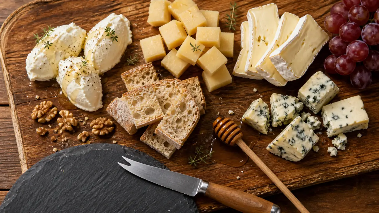Fromage aperitif : planche de 5 fromages, pain, raisins et miel