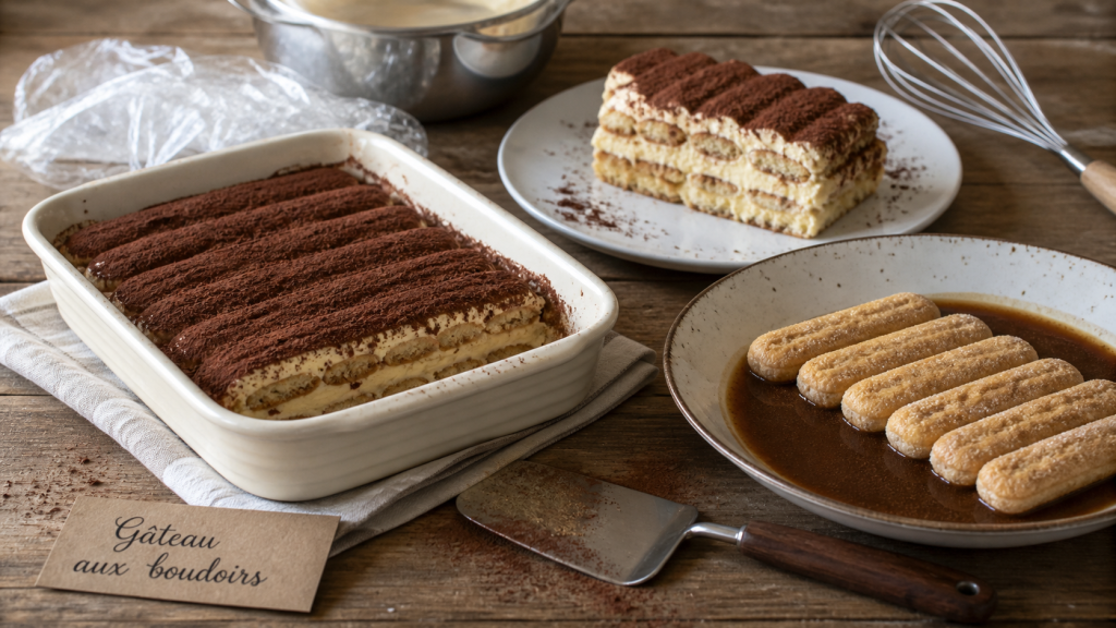 Gâteau aux boudoirs sans cuisson, tranches et cacao, 4 heures au frais