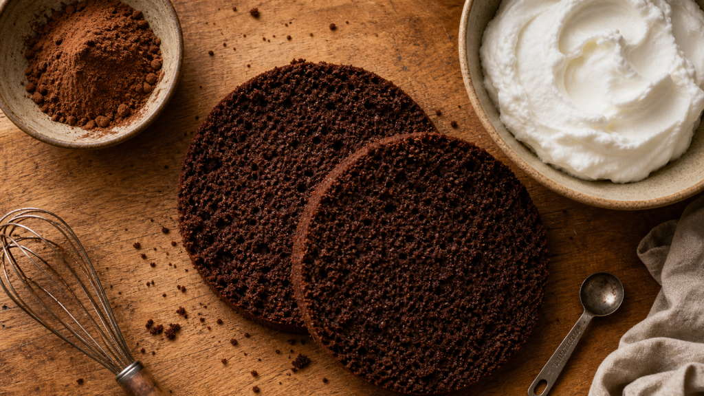 Gâteau cacao moelleux avec blancs en neige, refroidi et tranché.