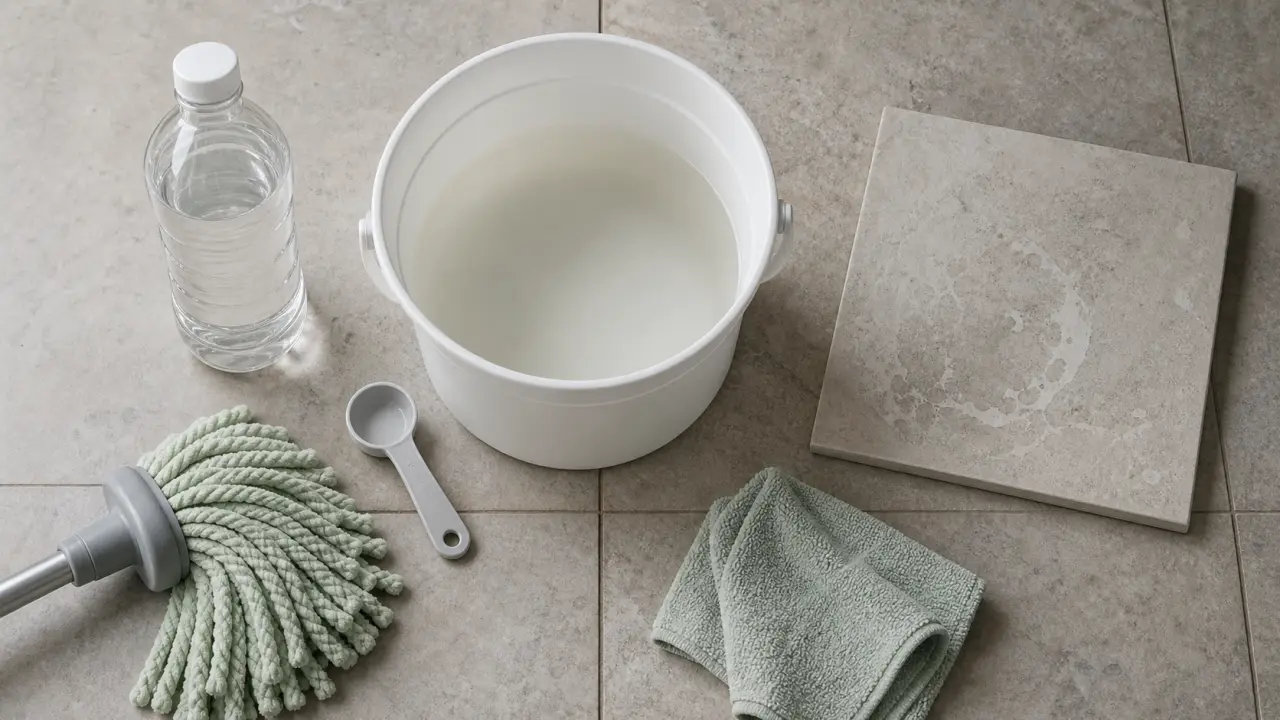 Laver les sols au vinaigre blanc : dosage 1 dose pour 10, seau et serpillière microfibre