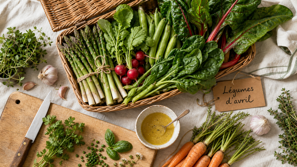 Legume avril : asperges, radis et fèves dans un panier