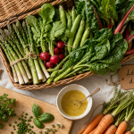 Legume avril : asperges, radis et fèves dans un panier