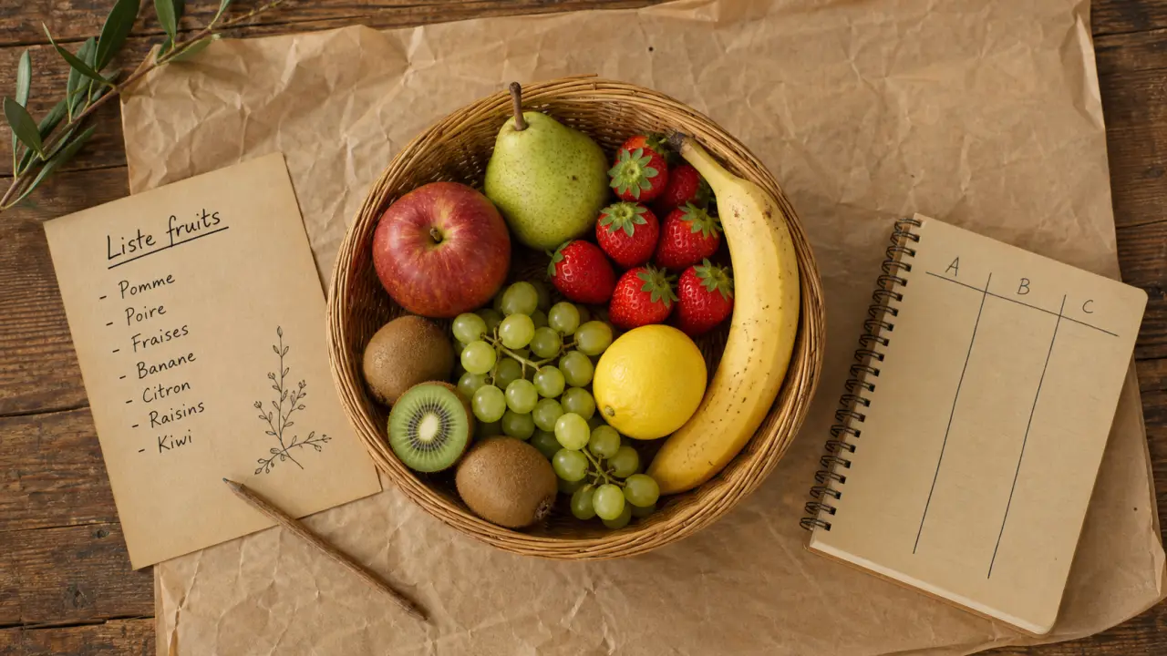 Image liste fruits : fruit ou légume sur table en bois