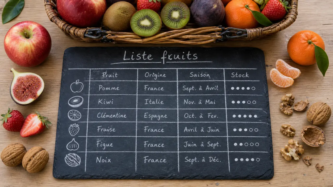 Liste fruits : fruits et légume, vue de dessus sur table en bois