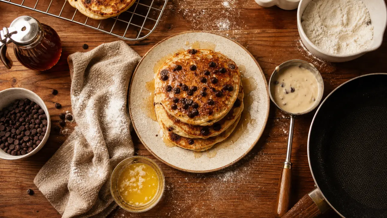 Pancakes au pepites de chocolat moelleux, dorés et épais