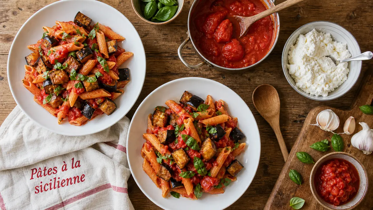 Assiettes de pâtes à la sicilienne aux aubergines dorées et sauce tomate