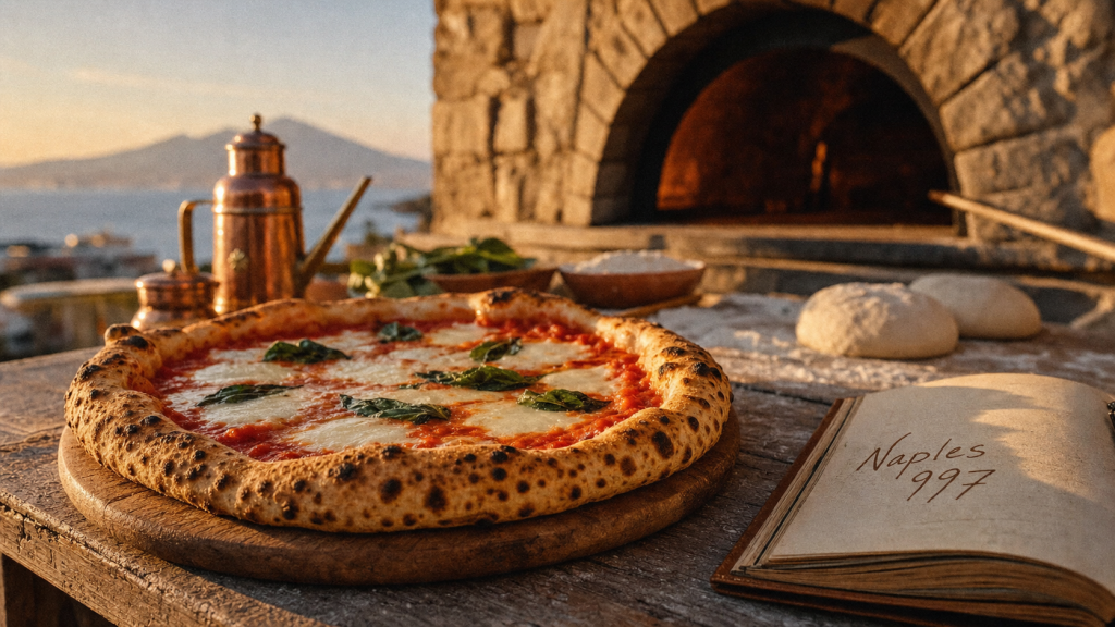Pizza origines à Naples : Margherita au four à pierre, tomate et mozzarella