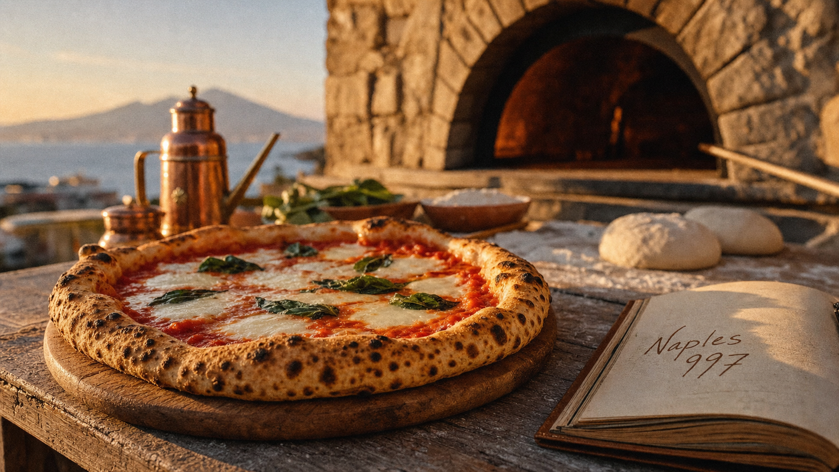 Pizza origines à Naples : Margherita au four à pierre, tomate et mozzarella