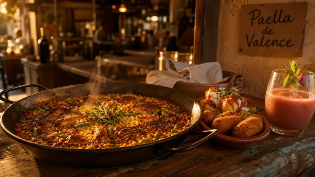 Plats espagnols : paella fumante, tapas et gazpacho rosé