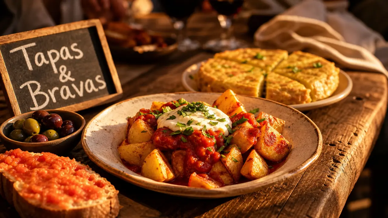 Recette des tapas espagnol : patatas bravas, tortilla et pan con tomate, table à partager