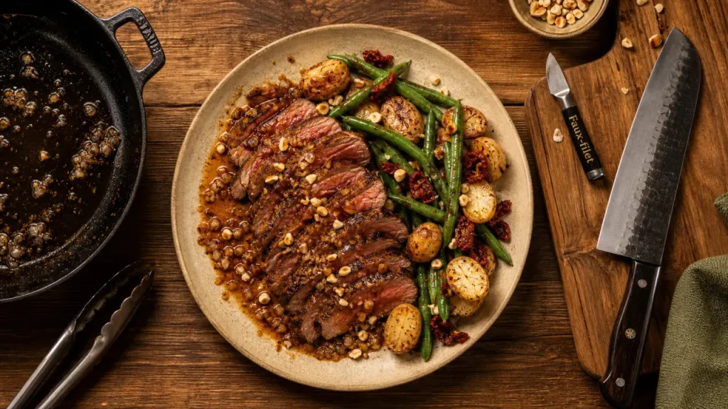 Faux-filet de bœuf à l’ail et au romarin, pommes de terre et haricots verts en 30 minutes