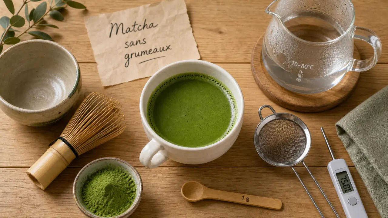 Recette thé matcha à 70-80°C : mousse fine sans grumeaux