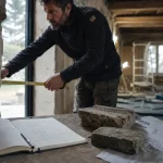 Rénovation maison morbihan : chantier en longère bretonne, artisan mesure une ouverture