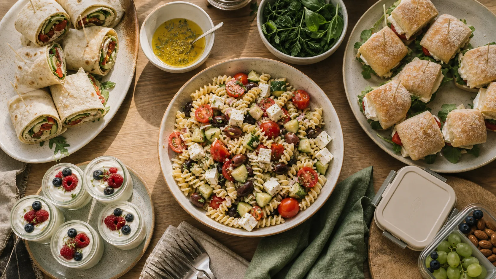 Repas froid entre amis : salades, wraps et desserts frais en buffet