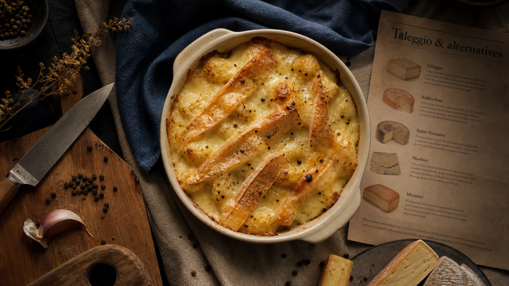 Taleggio équivalent français en gratin : fromage fondu doré et gnocchis