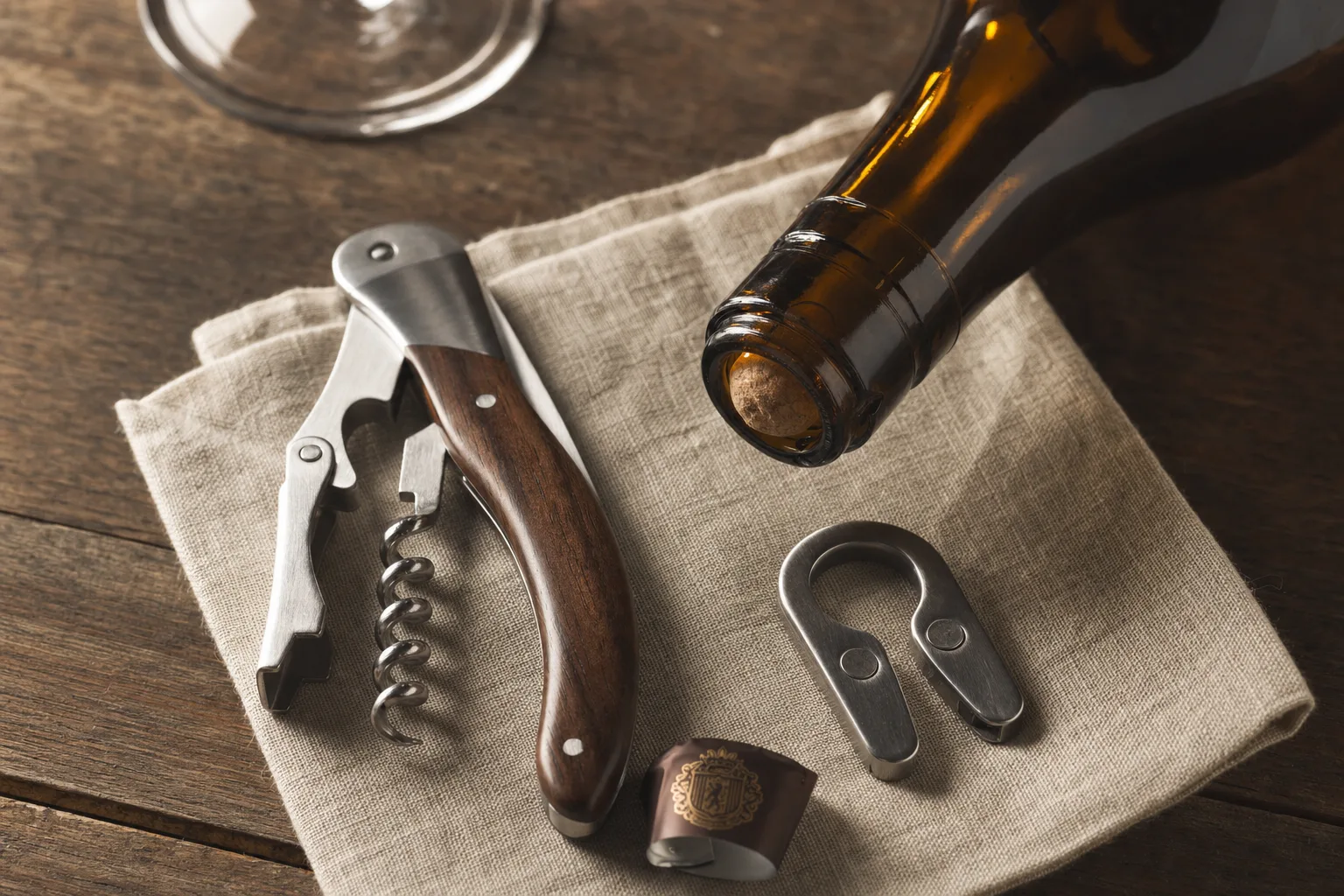 Tir bouchon sommelier en métal sur serviette, ouverture sans casser le bouchon