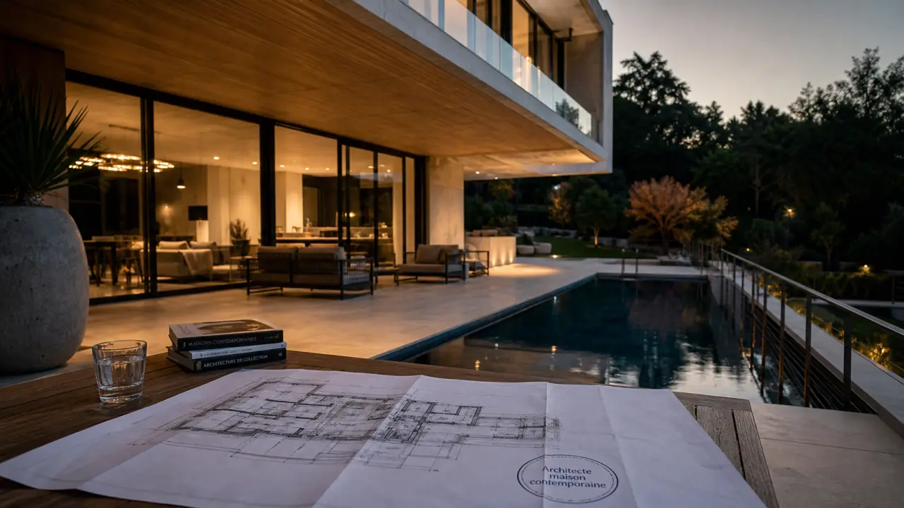 Architecte maison contemporaine Lyon : villa contemporaine, terrasse et séjour lumineux