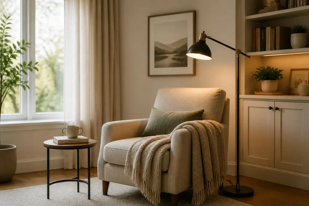 Coin lecture cosy dans le salon : l’angle juste, la lumière adaptée et l’assise qui fait la différence