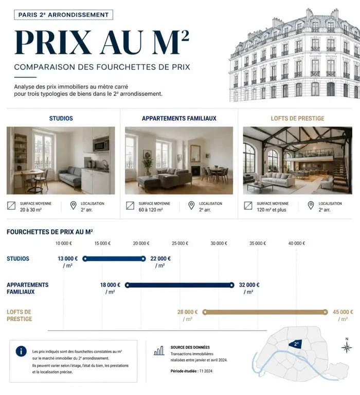 Prix immobilier au m2 par type de bien dans le 2e arrondissement de Paris pour un chasseur immobilier