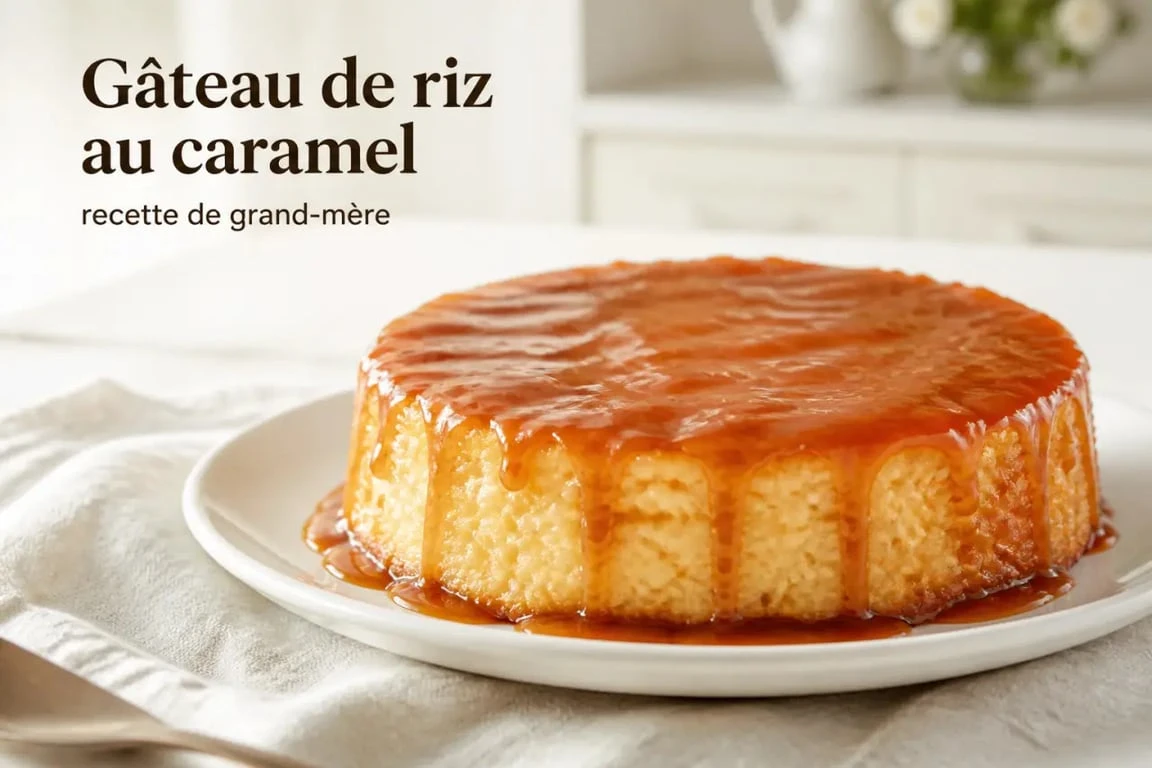 Recette gâteau de riz façon grand-mère démoulé et nappé de caramel sur assiette blanche